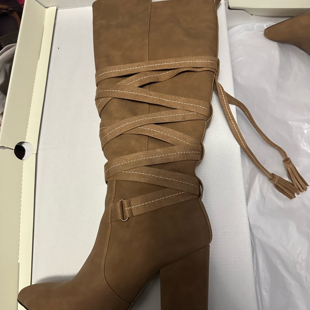 Tan Suede Heeled Boots with Chunky Heel